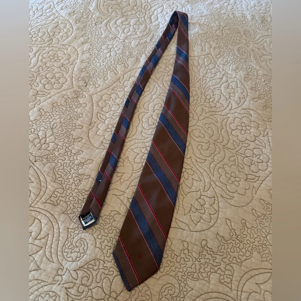 VTG 70s 80s Christian Dior Monsieur Brown Red Blue Striped Tie, Red Dior Logo